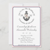 Invitation Ancre florale Mariage nautique bleu marine rose (Devant)