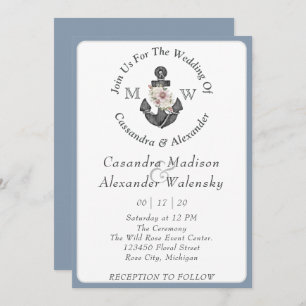 Invitation Ancre florale Mariage nautique Dusty Blue