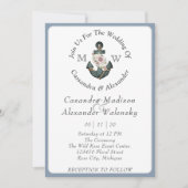 Invitation Ancre florale Mariage nautique Dusty Blue Stripe (Devant)