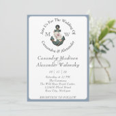 Invitation Ancre florale Mariage nautique Dusty Blue Stripe (Debout devant)