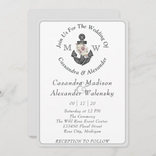 Invitation Ancre florale Mariage nautique Gris argenté