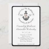Invitation Ancre florale Mariage nautique noir blanc bande (Devant)