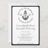 Invitation Ancre florale Mariage nautique noir blanc bande (Devant)