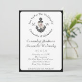 Invitation Ancre florale Mariage nautique noir blanc bande (Debout devant)