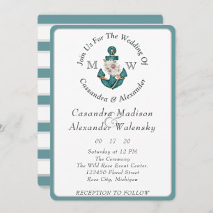 Invitation Ancre florale Mariage nautique Turquoise Aqua Blue