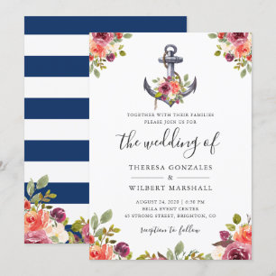 Invitation Ancre florale marine  bleu Mariage