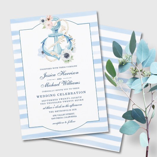 Invitation Ancre florale marine Mariage d'aquarelle