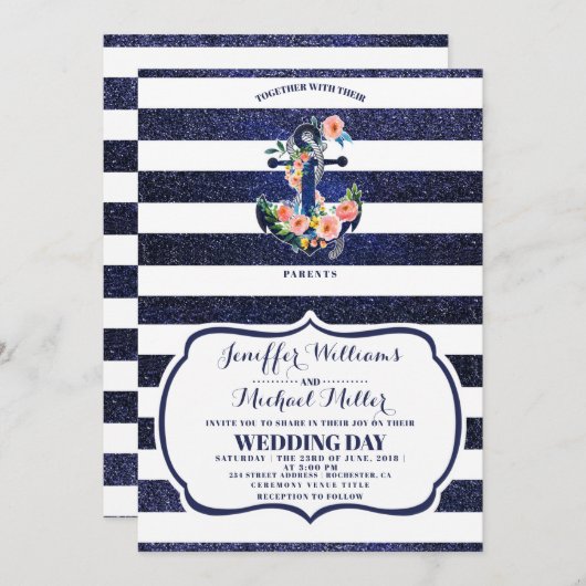 Invitation Ancre florale sur mariage rayé  (Devant / Derrière)