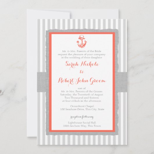 Invitation Ancre Gris Gris Gris Mariage corail (Devant)