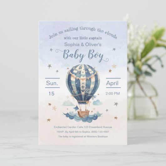 Invitation Ancre Hot Air Balloon Boy Baby shower aquarelle (Debout devant)
