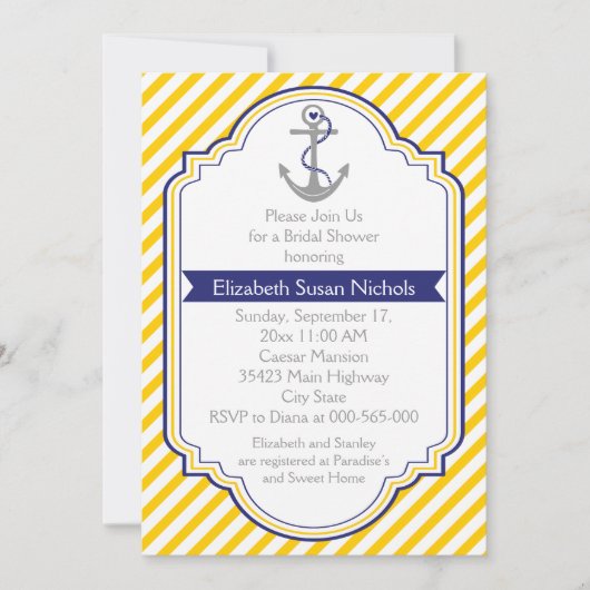Invitation Ancre jaune blanc mariage nautique nuptiale (Devant)