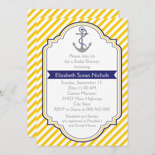 Invitation Ancre jaune blanc mariage nautique nuptiale (Devant / Derrière)