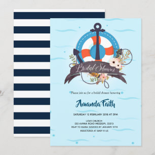 Invitation Ancre marine Baby shower floral bleu marine