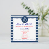 Invitation Ancre marine Baby shower rayé bleu marine (Debout devant)