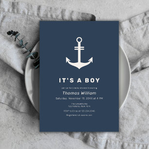 Invitation Ancre marine Bleu Beige Simple Nautique Baby showe