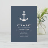 Invitation Ancre marine Bleu Beige Simple Nautique Baby showe (Debout devant)