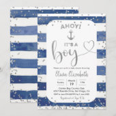 Invitation Ancre Marine Bleu et Argent Stripes C'est un garço (Devant / Derrière)