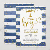 Invitation Ancre Marine Bleu et Gold Stripes C'est un garçon (Devant / Derrière)