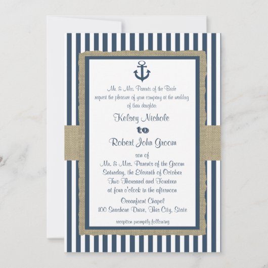 Invitation Ancre Marine Blue Stripes Beach Mariage (Dos)