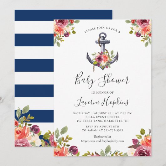 Invitation Ancre marine  florale Baby shower de la flotte (Devant / Derrière)
