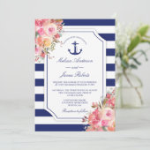 Invitation Ancre marine Mariage Flore Rose Bleu Grandes (Debout devant)