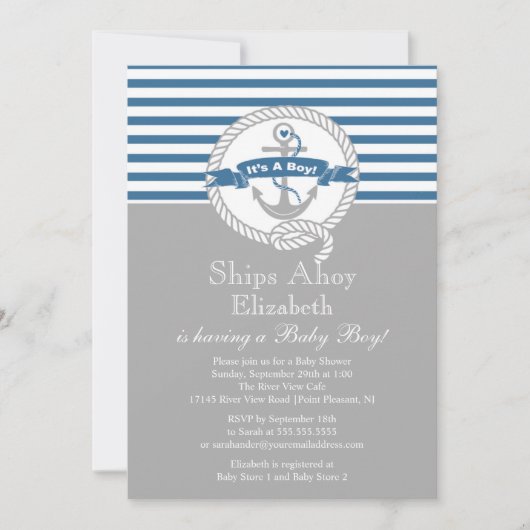 Invitation Ancre moderne Nautical Sailboat Baby shower Boy (Devant)