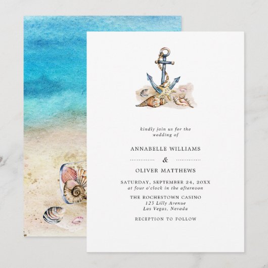 Invitation Ancre Nautical Beach Mariage d'été (Devant / Derrière)