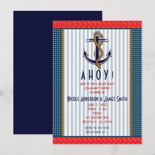 Invitation Ancre Naútico Points Rouges Blanc Bleu Fête (Devant / Derrière)