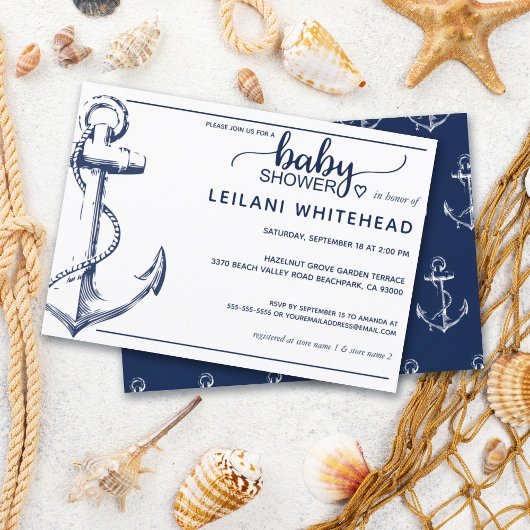 Invitation Ancre nautique Baby shower bleu marine