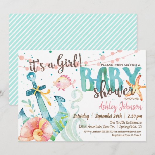 Invitation Ancre nautique Baby shower invitation, Fille (Devant / Derrière)