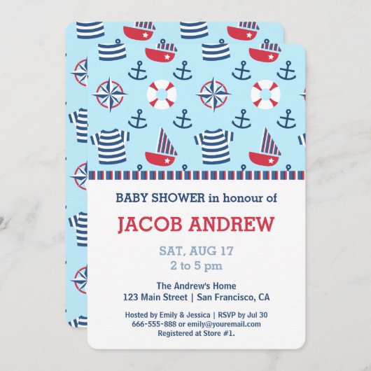 Invitation Ancre nautique baby shower Motif nautique (Devant / Derrière)