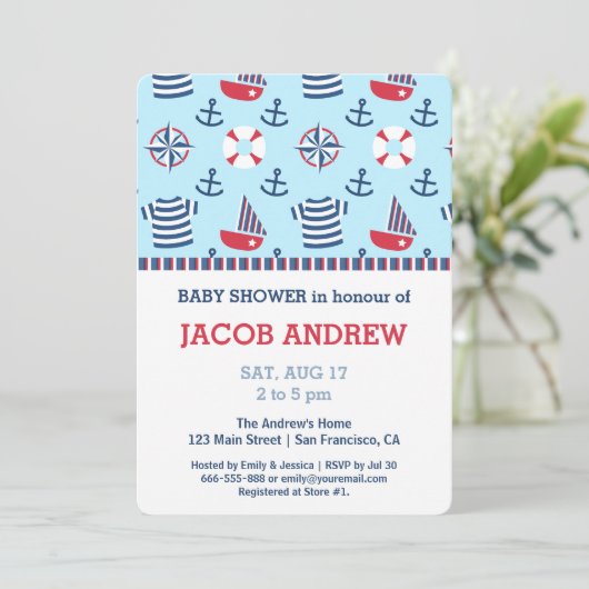 Invitation Ancre nautique baby shower Motif nautique (Debout devant)