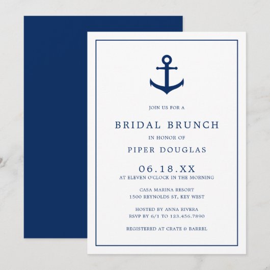 Invitation Ancre nautique Bleu Bleu Élégant Brunch nuptial (Devant / Derrière)