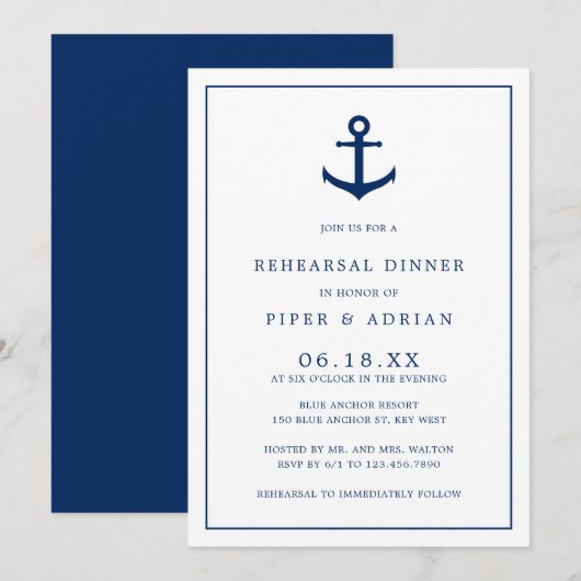 Invitation Ancre nautique Bleu Élégant dîner de répétition (Devant / Derrière)