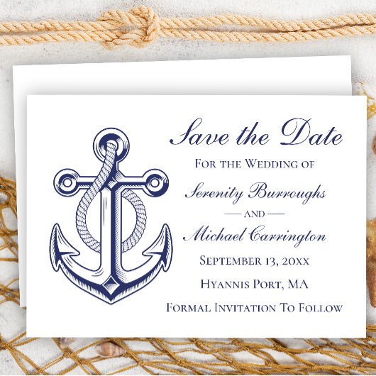 Invitation Ancre nautique Bleu marine Enregistrer la date Mar
