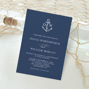 Invitation Ancre nautique bleu marine Monogramme Mariage mini