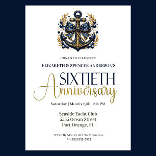 Invitation Ancre Naútíque Bleu Or 60e Anniversaire de Mariage