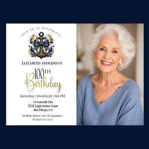 Invitation Ancre nautique bleue et or pour photo du 100e anni