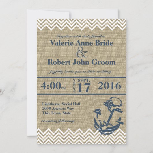 Invitation Ancre nautique Chevron Mariage (Devant)