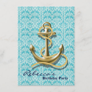 Invitation ancre nautique de marin de damassé de turquoise de