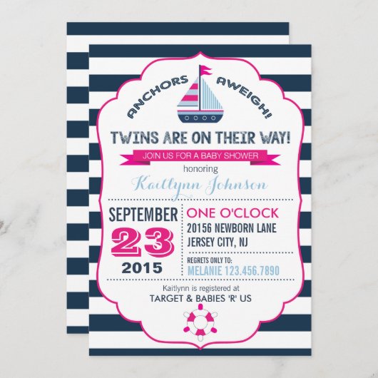 Invitation Ancre nautique et Baby shower en bande (Devant / Derrière)