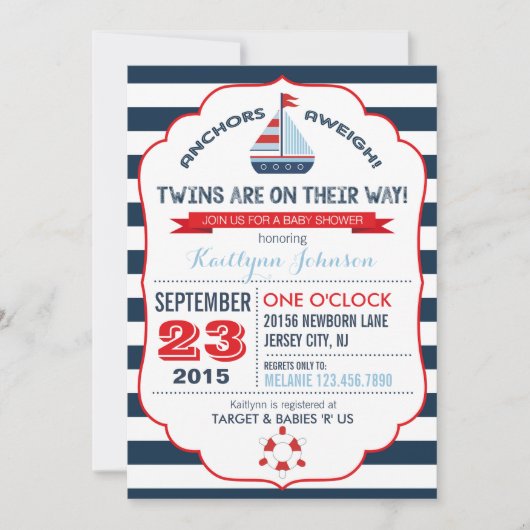 Invitation Ancre nautique et Baby shower en bande (Devant)