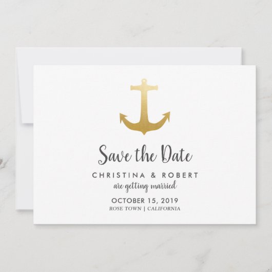 Invitation Ancre Nautique Faux Feuille D'or | Save The Date (Devant)