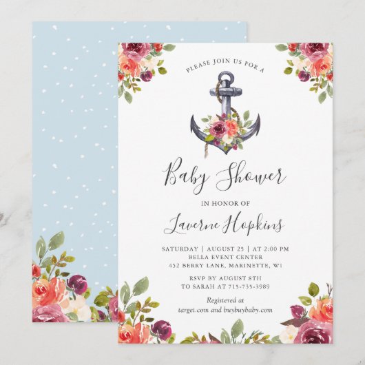 Invitation Ancre nautique Floral Boy Baby shower (Devant / Derrière)