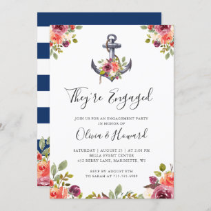Invitation Ancre nautique Floral Navy Blue Engagement Party