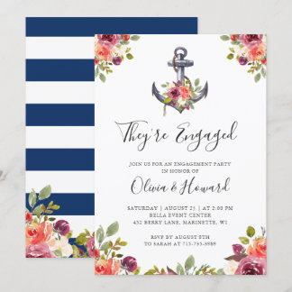 Invitation Ancre nautique Floral Navy Blue Engagement Party