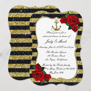 Invitation Ancre Nautique Gold Black Stripe Dîner de répétiti