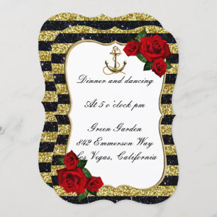 Invitation Ancre nautique Gold Black Stripe WeddingRéception