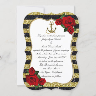 Invitation Ancre nautique Gold Black Stripes Plage Mariage