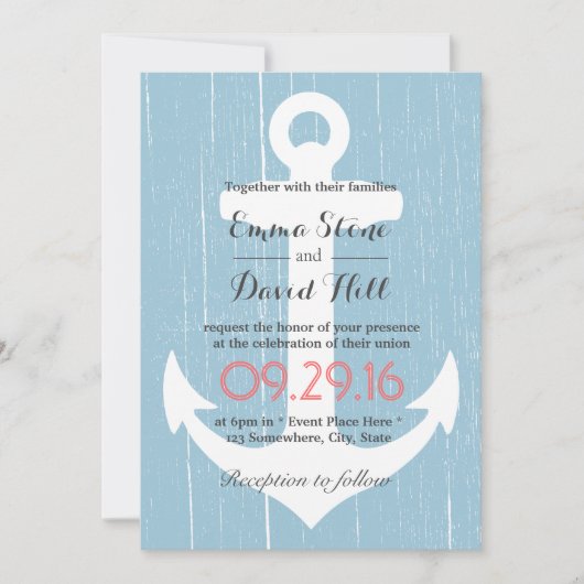 Invitation Ancre nautique Mariage bleu clair rustique (Devant)